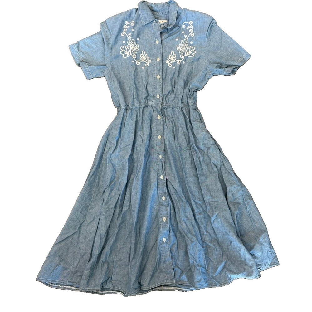 Vintage Liz Claiborne Petite 6 Chambray Embroidered Midi Shirt Dress Blue